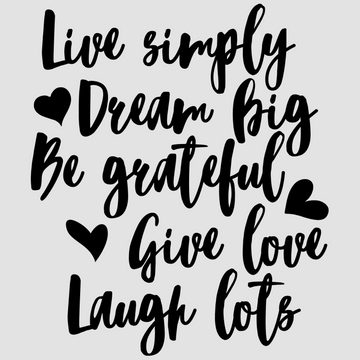 Bring positivity to your space with Live Simply Dream Big Be Grateful Give Love Laugh Lots in white; black. A stylish choice for motivational wall decor in offices and homes.  motivational wall decal, inspirational wall quotes, inspirational wall stickers, motivational wall decal for office.