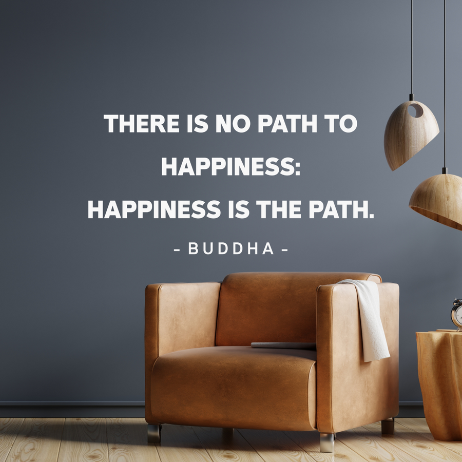 Motivational wall decal featuring inspirational wall quotes and stickers for there-is-no-path-to-happiness-happiness-is-the-path-buddha. 