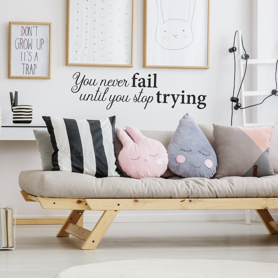 Motivational wall decal featuring inspirational wall quotes and stickers for you-never-fail-until-you-stop-trying. 