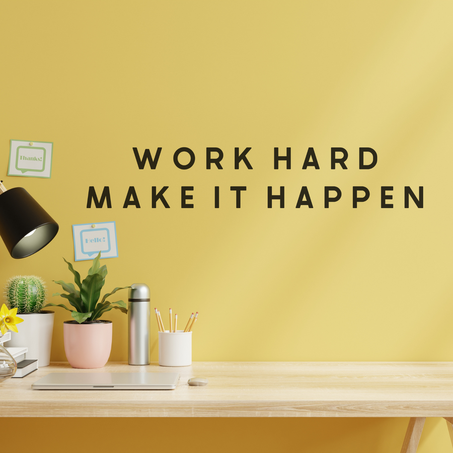 Motivational wall decal featuring inspirational wall quotes and stickers for work-hard-make-it-happen. 