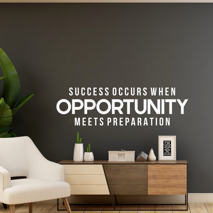 Motivational wall decal featuring inspirational wall quotes and stickers for success-occurs-when-opportunity-meets-preparation. 