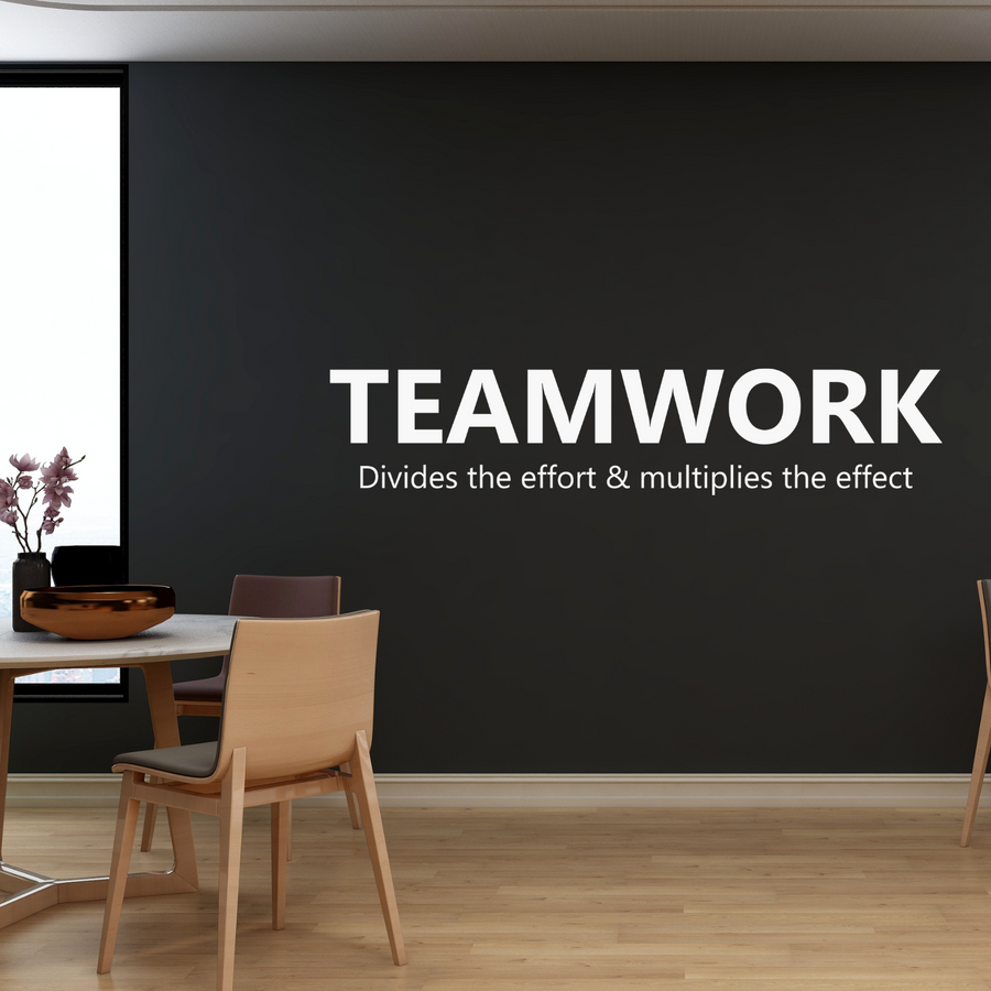 Motivational wall decal featuring inspirational wall quotes and stickers for teamwork-divides-the-effort-multiplies-the-effect. 