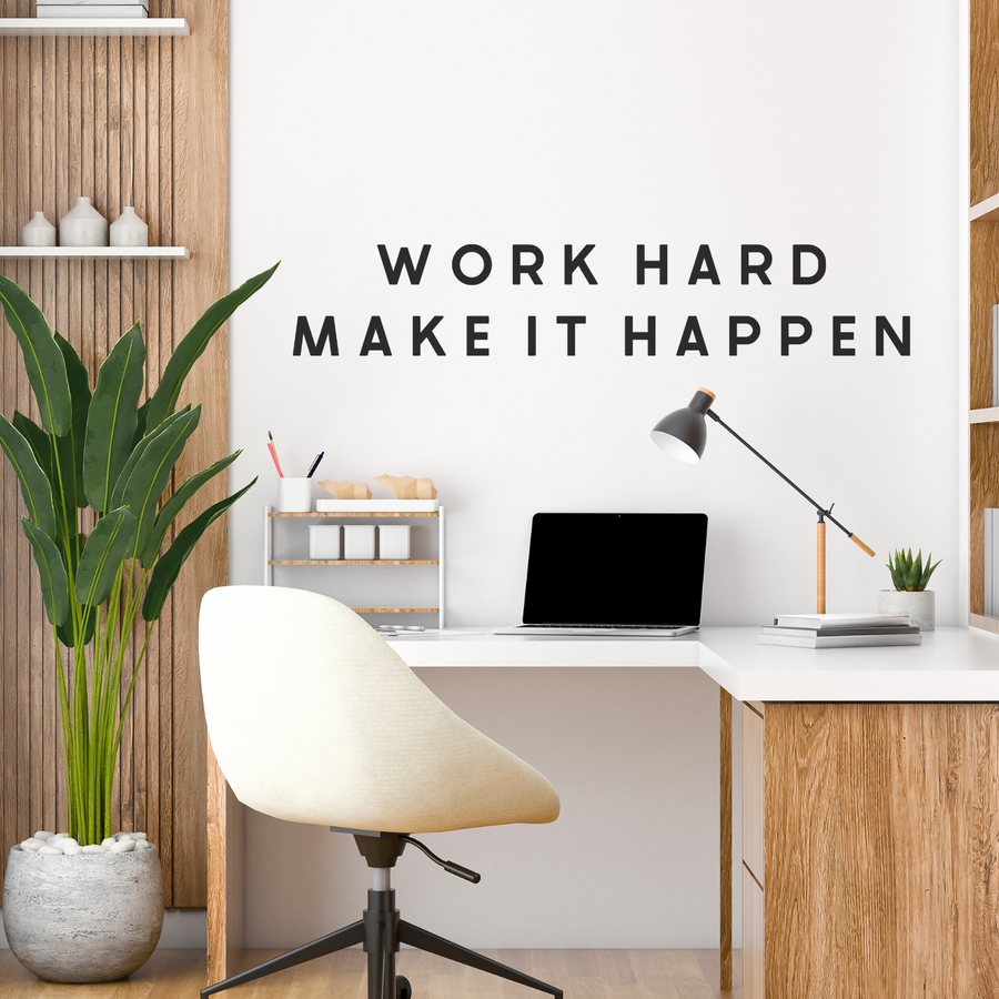 Motivational wall decal featuring inspirational wall quotes and stickers for work-hard-make-it-happen. 