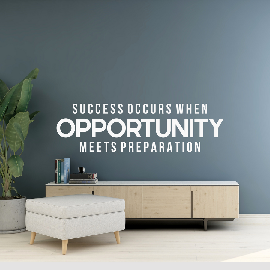 Motivational wall decal featuring inspirational wall quotes and stickers for success-occurs-when-opportunity-meets-preparation. 