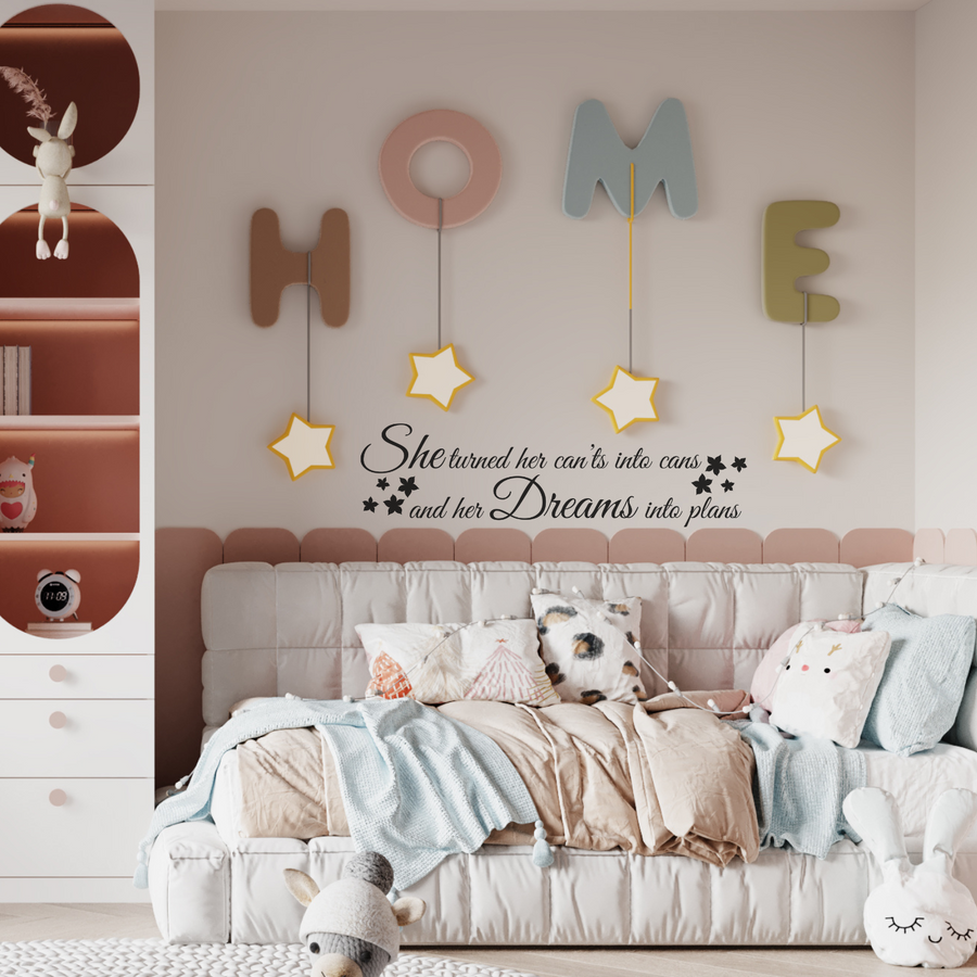 Motivational wall decal featuring inspirational wall quotes and stickers for she-turned-her-cants-into-cans-and-her-dreams-into-plans. 