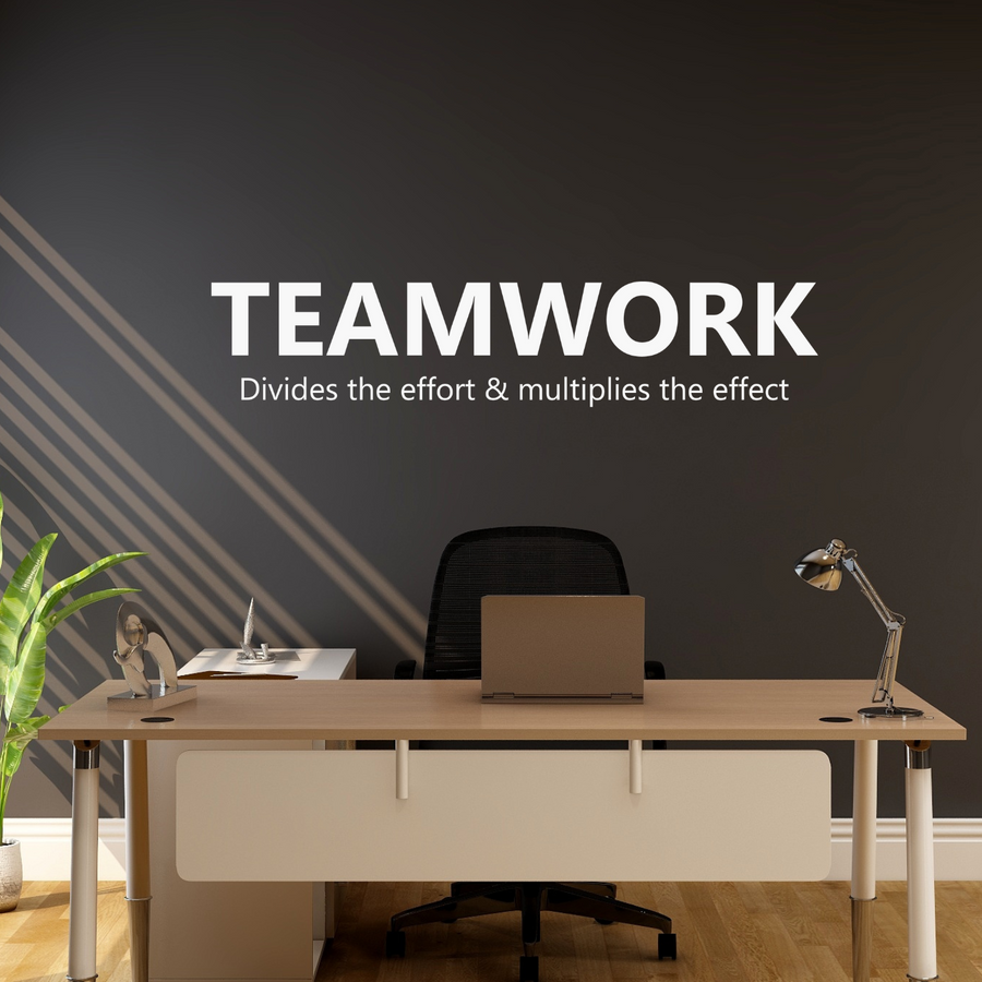 Motivational wall decal featuring inspirational wall quotes and stickers for teamwork-divides-the-effort-multiplies-the-effect. 