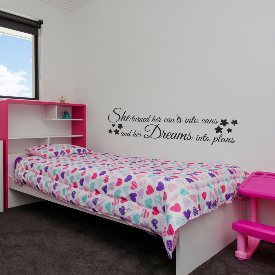 Motivational wall decal featuring inspirational wall quotes and stickers for she-turned-her-cants-into-cans-and-her-dreams-into-plans. 