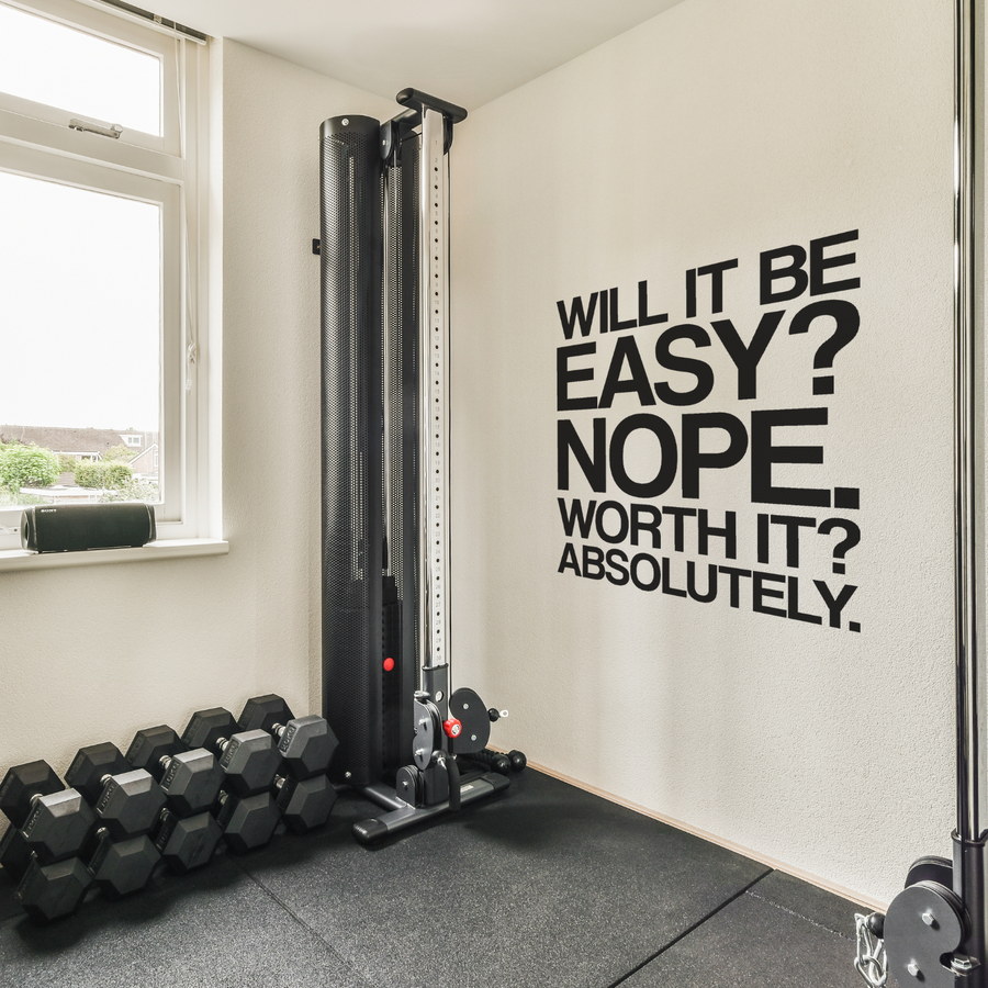 Motivational wall decal featuring inspirational wall quotes and stickers for will-it-be-easy-nope-worth-it-absolutely. 