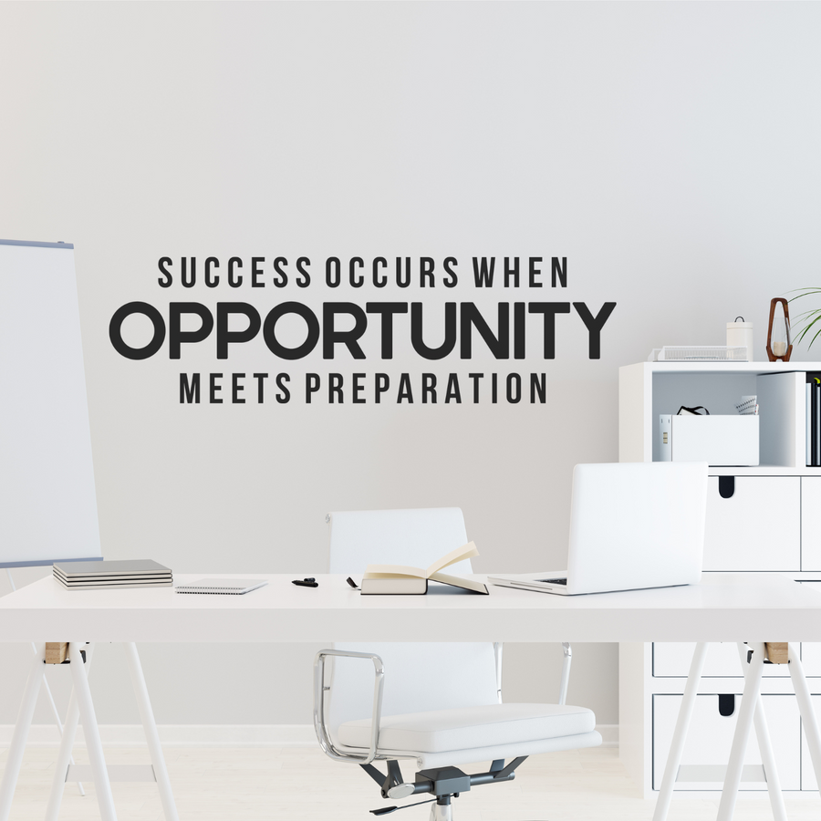 Motivational wall decal featuring inspirational wall quotes and stickers for success-occurs-when-opportunity-meets-preparation. 