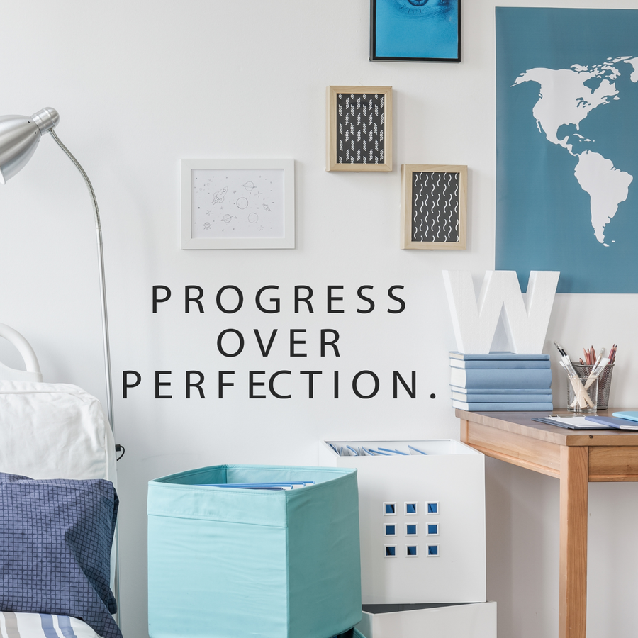 Motivational wall decal featuring inspirational wall quotes and stickers for progress-over-perfection. 