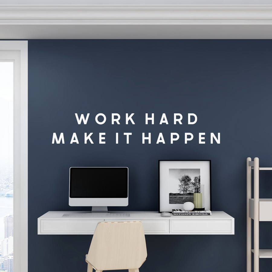 Motivational wall decal featuring inspirational wall quotes and stickers for work-hard-make-it-happen. 