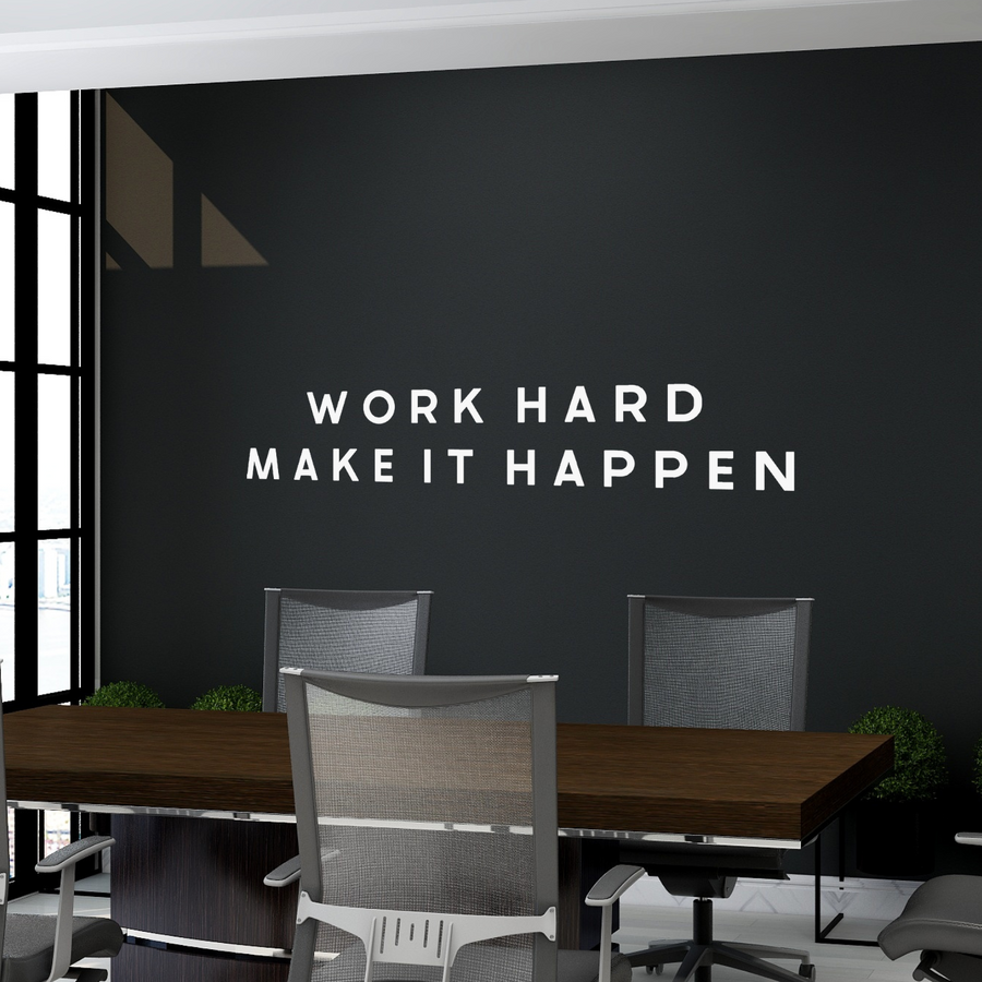 Motivational wall decal featuring inspirational wall quotes and stickers for work-hard-make-it-happen. 