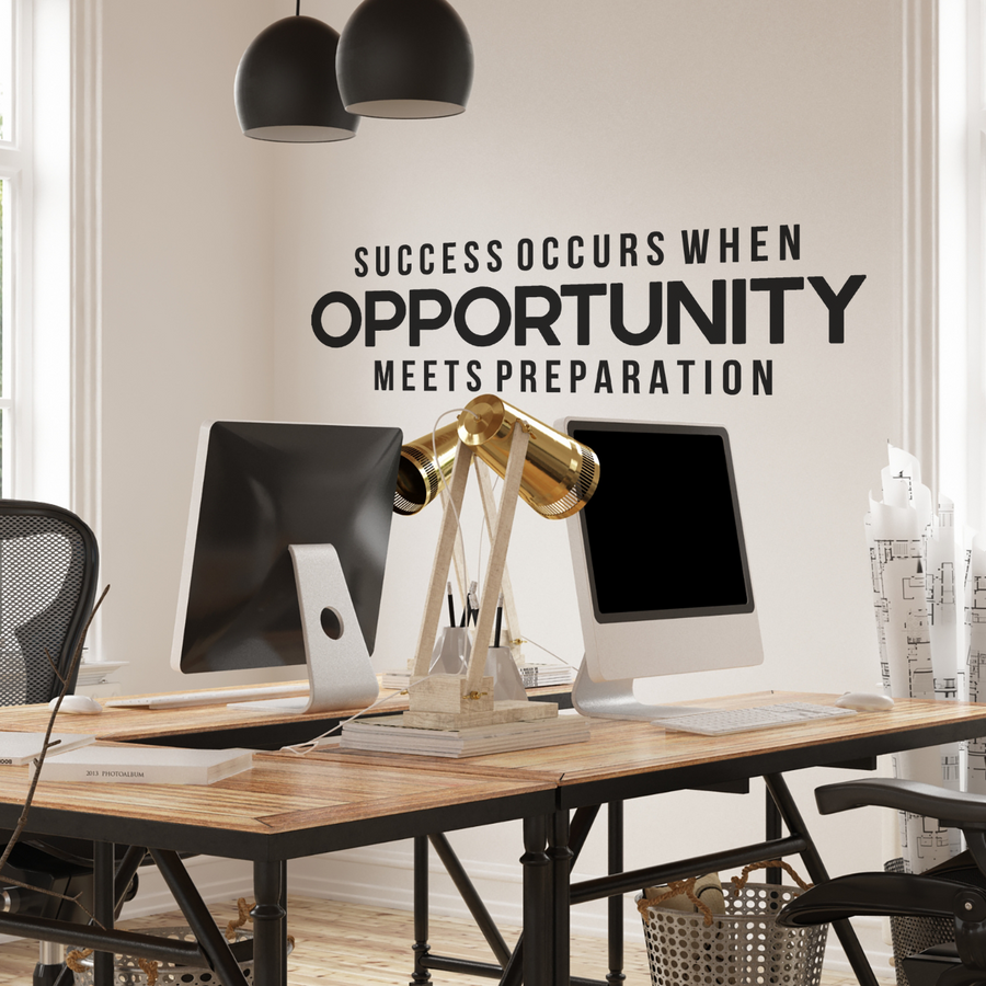 Motivational wall decal featuring inspirational wall quotes and stickers for success-occurs-when-opportunity-meets-preparation. 