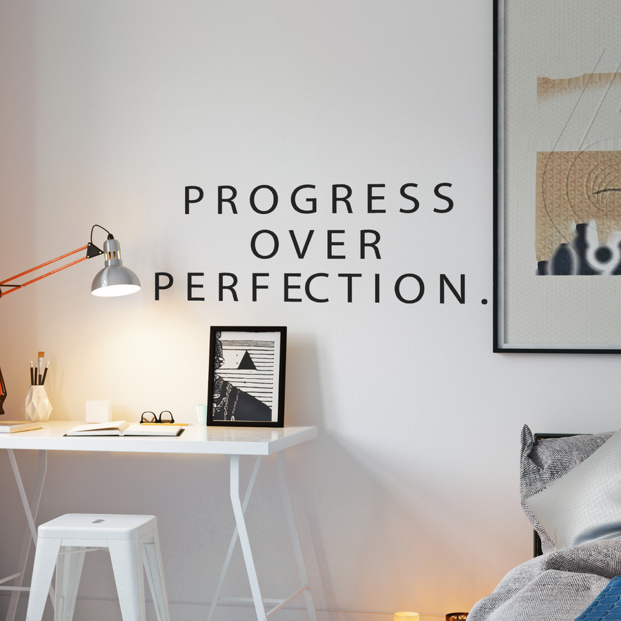 Motivational wall decal featuring inspirational wall quotes and stickers for progress-over-perfection. 