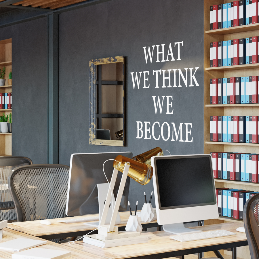 Motivational wall decal featuring inspirational wall quotes and stickers for what-we-think-we-become. 