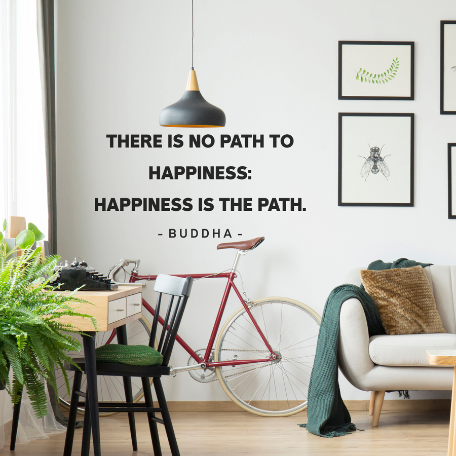 Motivational wall decal featuring inspirational wall quotes and stickers for there-is-no-path-to-happiness-happiness-is-the-path-buddha. 