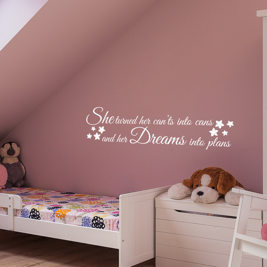 Motivational wall decal featuring inspirational wall quotes and stickers for she-turned-her-cants-into-cans-and-her-dreams-into-plans. 