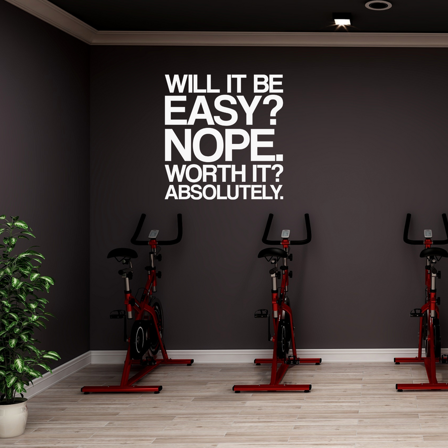 Motivational wall decal featuring inspirational wall quotes and stickers for will-it-be-easy-nope-worth-it-absolutely. 