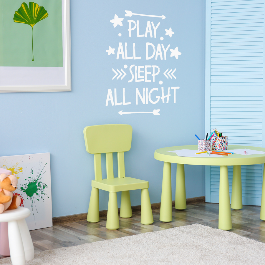 Motivational wall decal featuring inspirational wall quotes and stickers for play-all-day-sleep-all-night. 