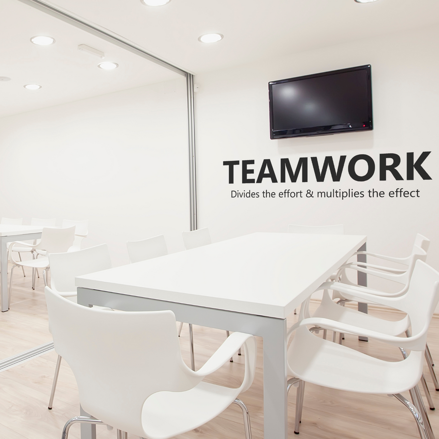 Motivational wall decal featuring inspirational wall quotes and stickers for teamwork-divides-the-effort-multiplies-the-effect. 