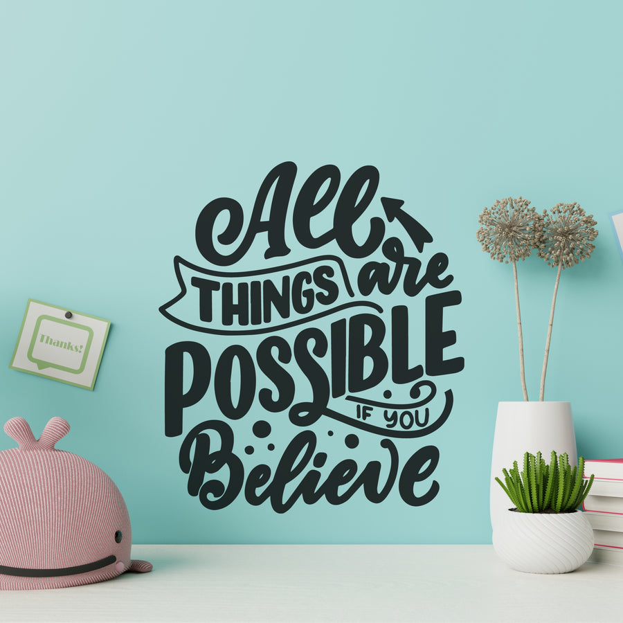 Inspirational Wall Decals for Bedroom Motivational Decal Quote Positive Kids Word Sayings Sticker Home Office Sign Classroom Decor Art Removable Vinyl Decorations (All Things are Possibe (10x12)